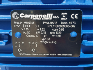 Plaque signalétique moteur Carpanelli Monophasé MM