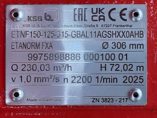Plaque signalétique Pompe KSB ETANORM ETN ETF 150-125-315 FXA
